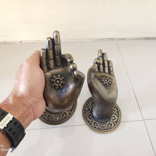 2 Rare Large Beautiful Buddha Gyan Mudra Hand shape hold small ball Handles Aged Brass Patin