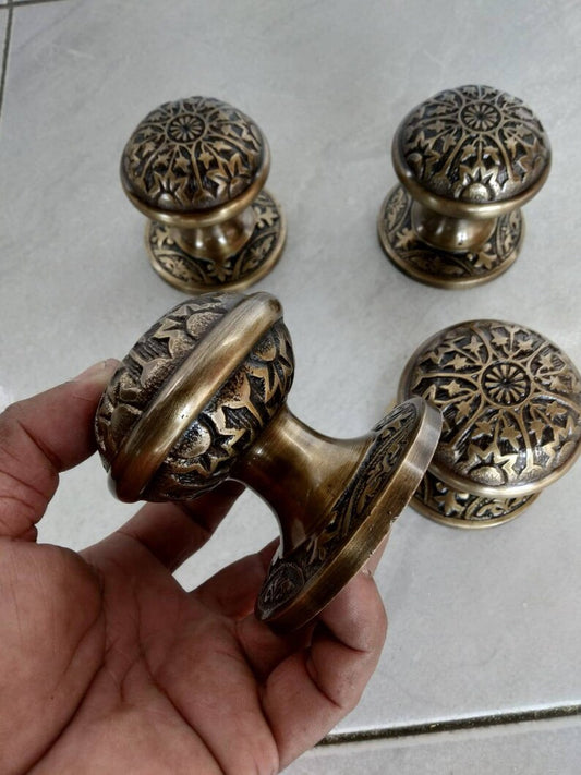 2.95" Vintage Pair of Big Carved Knob Handle Pull for Front Door | unique Decorative Handle Solid Brass